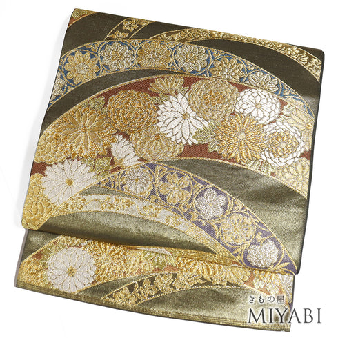 袋帯 リサイクル 帯丈434cm 六通 器物文様に菊柄 ゴールド Sサイズ 正絹 Sランク フォーマル セミフォーマル