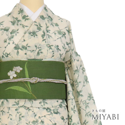 小紋 リサイクル 夏着物 身丈166.2cm 裄66.8cm 絽 花枝柄 既製品 ベージュ LLサイズ お洒落 カジュアル ポリエステル 洗える着物 広衿 Aランク