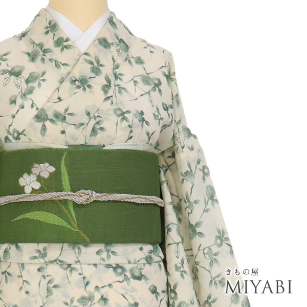 小紋 リサイクル 夏着物 身丈166.2cm 裄66.8cm 絽 花枝柄 既製品 ベージュ LLサイズ お洒落 カジュアル ポリエステル 洗える着物 広衿 Aランク