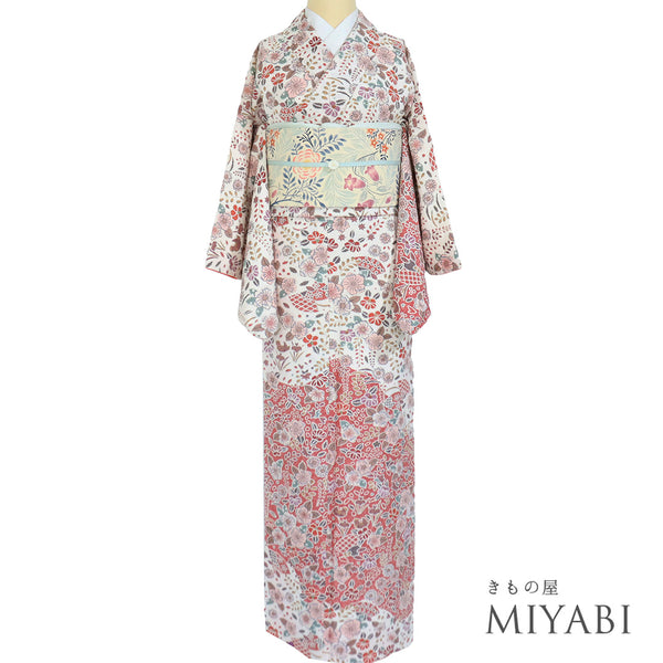 付下げ リサイクル 身丈163.2cm 裄65.6cm 袷 付下げ小紋 草花柄 ピンク Lサイズ お洒落 正絹 広衿 Sランク