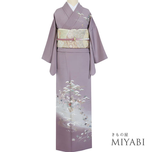 付下げ リサイクル 身丈155.8cm 裄62.6cm 袷 花籠柄 松柄 橘柄 箔加工 パープル Mサイズ セミフォーマル お洒落 正絹 広衿 Sランク
