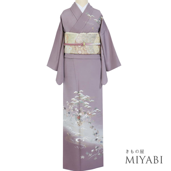 付下げ リサイクル 身丈155.8cm 裄62.6cm 袷 花籠柄 松柄 橘柄 箔加工 パープル Mサイズ セミフォーマル お洒落 正絹 広衿 Sランク