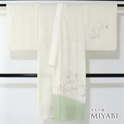 長襦袢 リサイクル 長襦袢 身丈120cm 裄62.8cm 袷 花柄 裾ぼかし グリーン Sサイズ 正絹 袖無双 Sランク