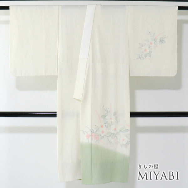 長襦袢 リサイクル 長襦袢 身丈120cm 裄62.8cm 袷 花柄 裾ぼかし グリーン Sサイズ 正絹 袖無双 Sランク