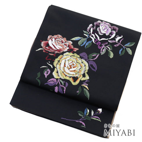袋帯 リサイクル 帯丈442cm ポイント柄 薔薇柄 刺繍 Thumori Chisato ブラック Mサイズ 正絹 Sランク お洒落