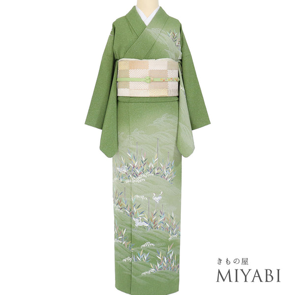 訪問着 リサイクル 身丈164.2cm 裄66.4cm 袷 水辺の風景柄 鳥柄 グリーン Lサイズ フォーマル セミフォーマル 落款 正絹 広衿 Aランク