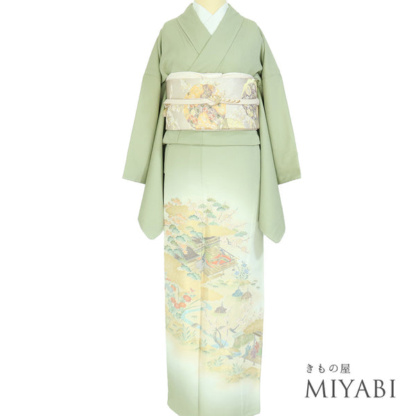 色留袖 リサイクル 身丈158.7cm 裄66cm 袷 源氏物語絵巻柄 比翼無し グリーン Mサイズ フォーマル セミフォーマル 一つ紋 しつけ糸 正絹 広衿 Sランク