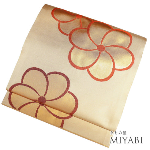 名古屋帯 リサイクル 帯丈327cm 全通 ねじり梅柄 ベージュ SSサイズ 正絹 新品・未使用品 お洒落