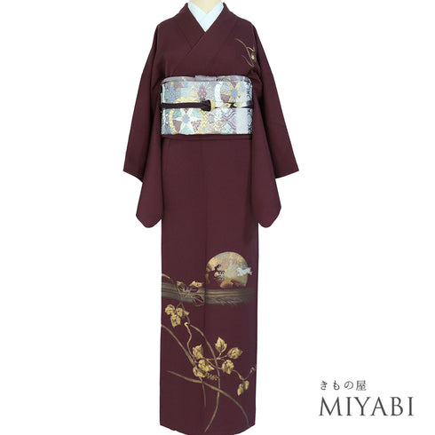 付下げ リサイクル 身丈161.8cm 裄64.8cm 袷 月に波やうさぎ柄 刺繍 箔 パープル Lサイズ お洒落 正絹 広衿 Sランク