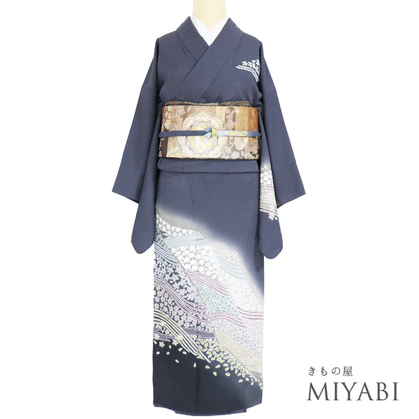 訪問着 リサイクル 身丈156cm 裄64.4cm 袷 部分絞り 小花柄 地紋 花筏柄 ネイビー Mサイズ お洒落 落款 正絹 広衿 Sランク