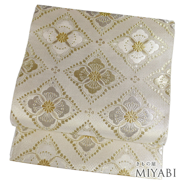 袋帯 リサイクル 帯丈442cm 六通 有職文様 アイボリー Mサイズ 正絹 Sランク フォーマル セミフォーマル