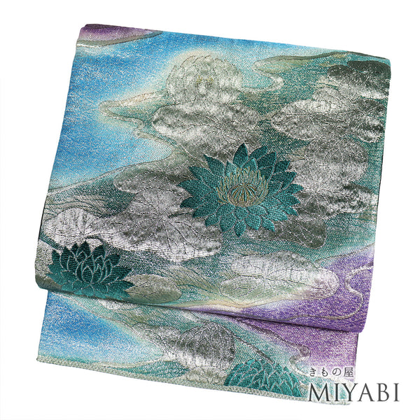 袋帯 リサイクル 帯丈460cm 六通 プラチナ本金箔 未草 ブルー LLサイズ 正絹 Sランク フォーマル お洒落