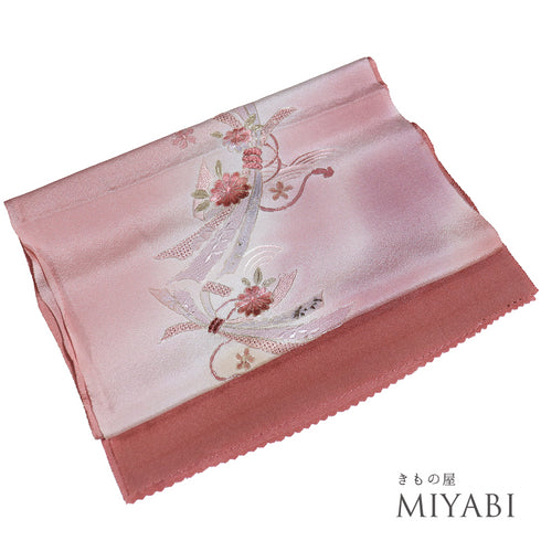 帯揚げ リサイクル セミフォーマル お洒落 ちりめん 正絹 ピンク ぼかし 束ね熨斗に花柄 汕頭刺繍 新品・未使用品 AG-1217