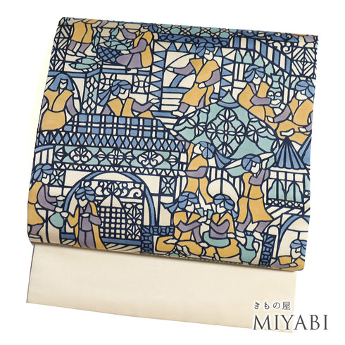 名古屋帯 リサイクル 帯丈373.5cm ポイント柄 ベージュ Mサイズ 正絹 Sランク お洒落 カジュアル