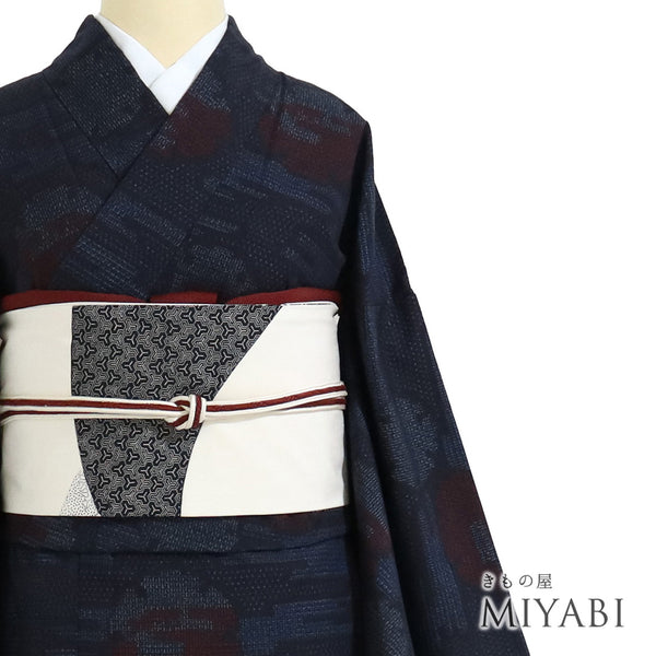 紬 リサイクル 身丈165.3cm 裄66.6cm 袷 結城紬 雪輪柄 ネイビー Lサイズ カジュアル お洒落 証紙 しつけ糸 正絹 広衿 Sランク