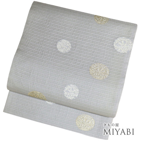 袋帯 リサイクル 帯丈442cm 六通 夏物 鞠柄 グレー Mサイズ 正絹 Sランク お洒落 カジュアル