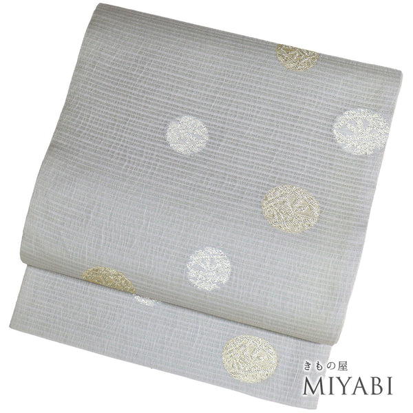 袋帯 リサイクル 帯丈442cm 六通 夏物 鞠柄 グレー Mサイズ 正絹 Sランク お洒落 カジュアル