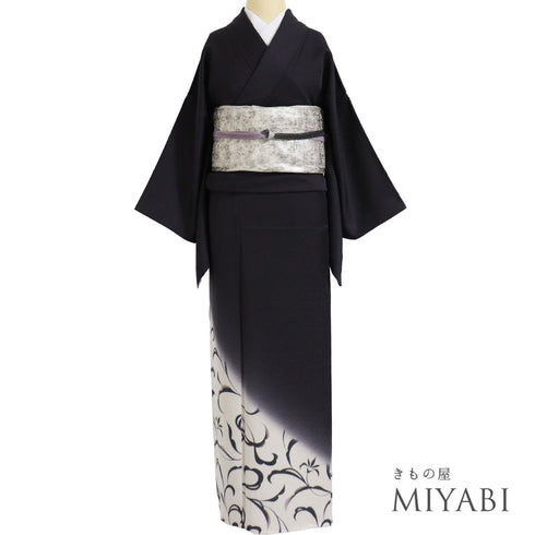 リサイクル 身丈165cm 裄65.5cm 袷 金彩 花唐草模様 ネイビー Lサイズ お洒落 セミフォーマル 正絹 広衿 Sランク