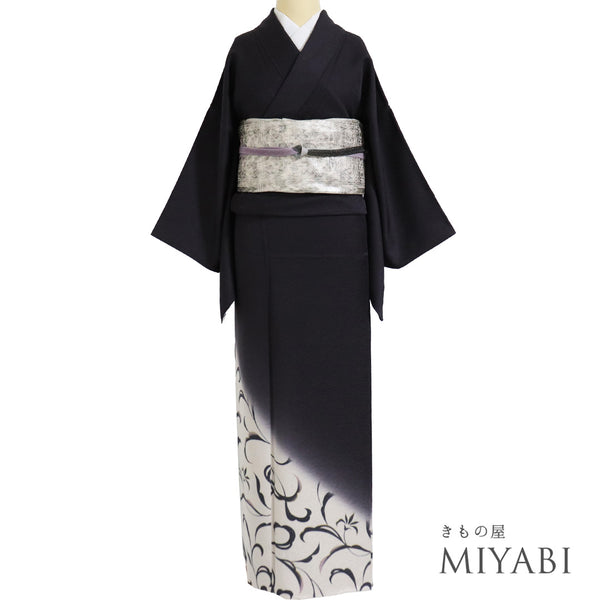 リサイクル 身丈165cm 裄65.5cm 袷 金彩 花唐草模様 ネイビー Lサイズ お洒落 セミフォーマル 正絹 広衿 Sランク