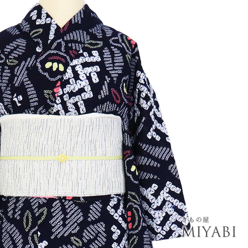 浴衣 リサイクル 夏着物 身丈152.3cm 裄62cm 夏物 絞り 花柄 ネイビー Sサイズ カジュアル しつけ糸 木綿 洗える着物 バチ衿 Sランク