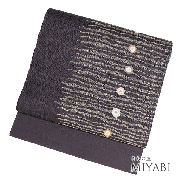 名古屋帯 リサイクル 帯丈372cm ポイント柄 デザイン横縞に丸柄 パープル Mサイズ 正絹 新品・未使用品 お洒落 カジュアル