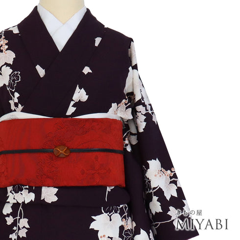 小紋 リサイクル 身丈157cm 裄64.4cm 袷 蔦に葡萄模様 HANAE MORI パープル Mサイズ お洒落 カジュアル ポリエステル 洗える着物 広衿 Sランク