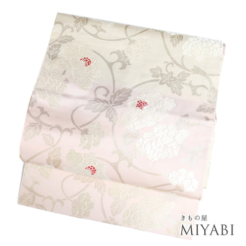 名古屋帯 リサイクル 帯丈353.5cm 六通 唐花柄 横段ぼかし ピンク Sサイズ 正絹 未使用品 お洒落