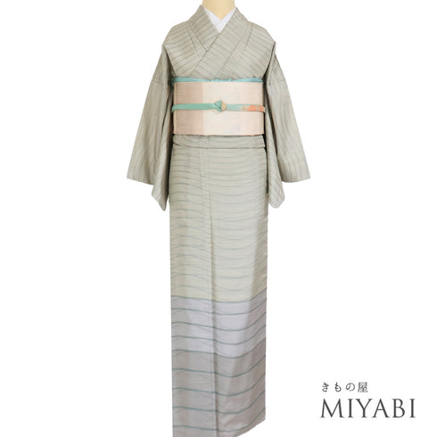訪問着 リサイクル 身丈162.5cm 裄64.6cm 袷 大島紬 曲線柄 パールトーン加工 グリーン Lサイズ 正絹 広衿 Sランク
