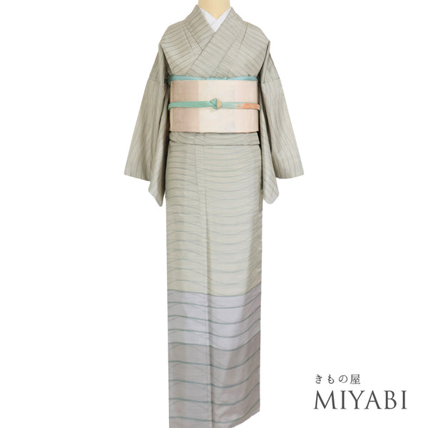 訪問着 リサイクル 身丈162.5cm 裄64.6cm 袷 大島紬 曲線柄 パールトーン加工 グリーン Lサイズ 正絹 広衿 Sランク