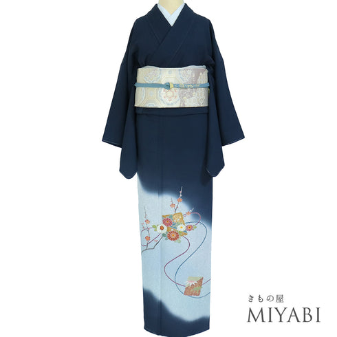 付下げ リサイクル 身丈165.8cm 裄66.6cm 袷 色紙に菊や梅柄 箔 松井青々 ネイビー LLサイズ お洒落 落款 しつけ糸 正絹 広衿 Sランク