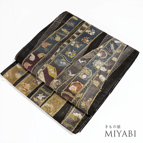 袋帯 リサイクル 帯丈436cm 全通 竹に吉祥文様 ブラック Mサイズ 正絹 Sランク お洒落