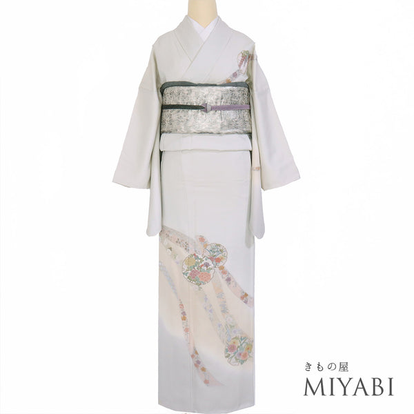 訪問着 リサイクル 身丈170.5cm 裄68cm 袷 雪輪に花 汕頭刺繍 相良刺繍 グレー LLサイズ お洒落 正絹 広衿 Sランク