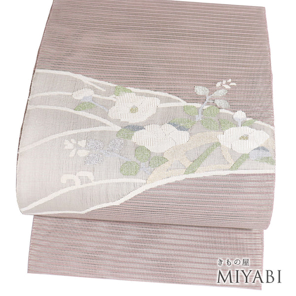 名古屋帯 リサイクル 帯丈376.5cm ポイント柄 パールトーン加工 花枝柄 つづれ 夏物 ピンク Mサイズ 混合 新品・未使用品 お洒落