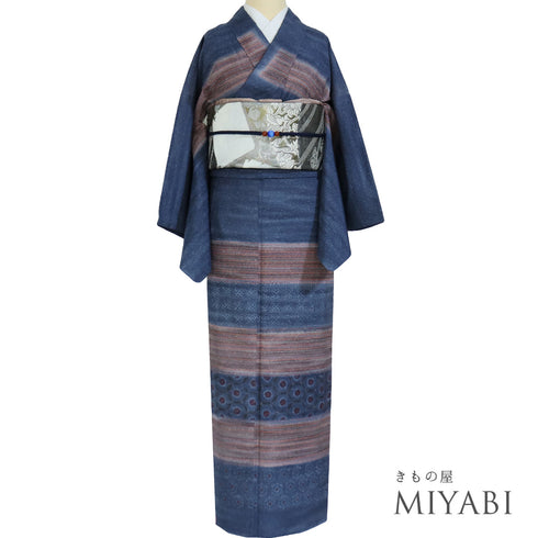 訪問着 リサイクル 身丈156.4cm 裄67cm 袷 紬 段染縞格子にデザイン花柄 染め ブルー Mサイズ お洒落 正絹 広衿 Aランク