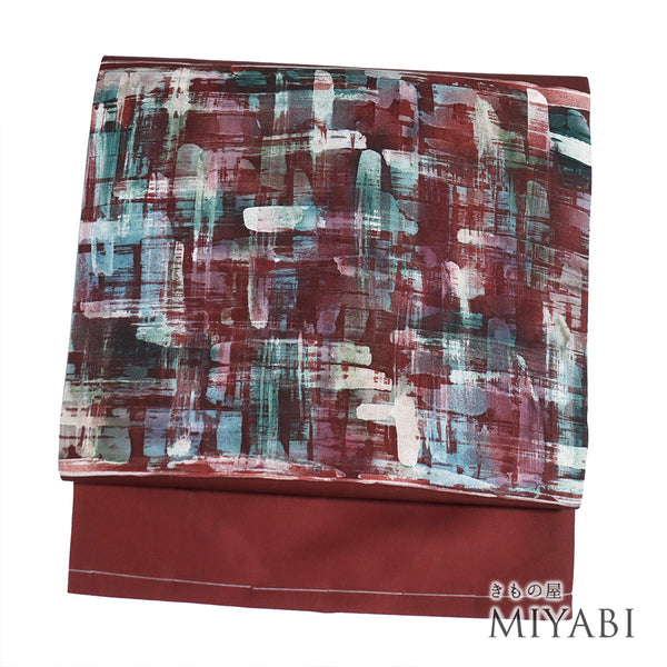 名古屋帯 リサイクル 帯丈363.5cm ポイント柄 抽象柄 塩瀬 レッド Mサイズ 正絹 Sランク お洒落 カジュアル