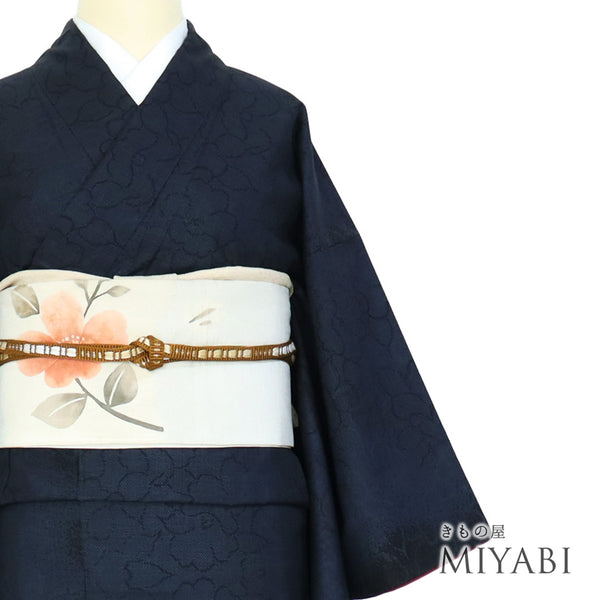 紬 リサイクル 身丈166.7cm 裄64.6cm 袷 花柄 縦ぼかし ネイビー LLサイズ お洒落 カジュアル 正絹 広衿 Sランク