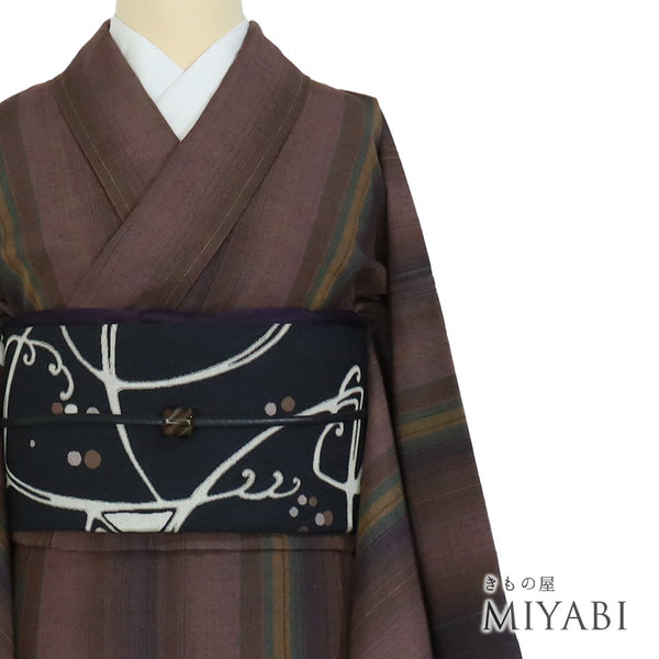 結城紬 リサイクル 身丈159cm 裄63cm 袷 縞ぼかし柄 パープル Mサイズ お洒落 カジュアル 証紙 正絹 広衿 Aランク