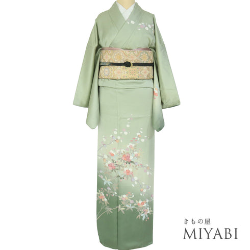 付下げ リサイクル 身丈166.5cm 裄69.4cm 袷 花に枝模様 グリーン LLサイズ フォーマル セミフォーマル 正絹 広衿 Sランク