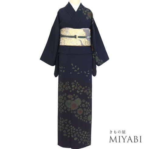 訪問着 リサイクル 裄66.2cm 袷 辻ヶ花風模様 絞り ネイビー Lサイズ お洒落 正絹 広衿 Sランク