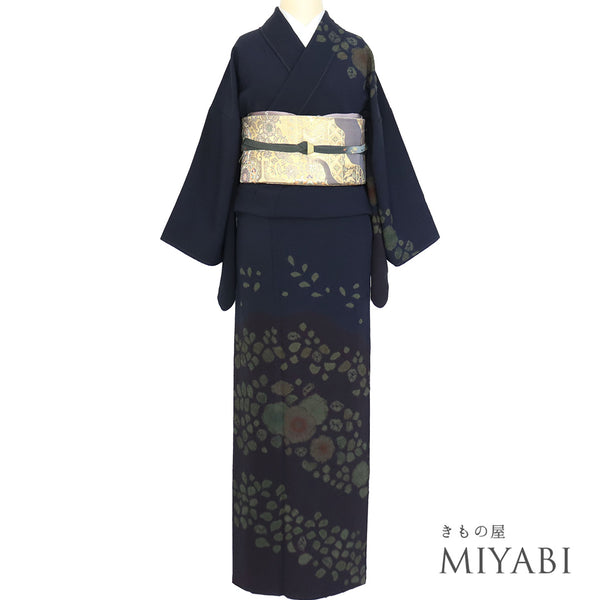 訪問着 リサイクル 裄66.2cm 袷 辻ヶ花風模様 絞り ネイビー Lサイズ お洒落 正絹 広衿 Sランク