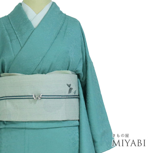 色無地 リサイクル 身丈157.3cm 裄62.6cm 袷 小花柄 梶山伸監修 ブルー Mサイズ お洒落 落款 正絹 広衿 地紋あり Sランク