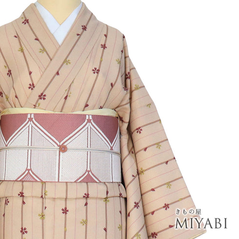 小紋 リサイクル 身丈166.7cm 裄67cm 袷 既製品 ストライプ柄 桜柄 ピンク LLサイズ お洒落 カジュアル ポリエステル 洗える着物 広衿 Sランク