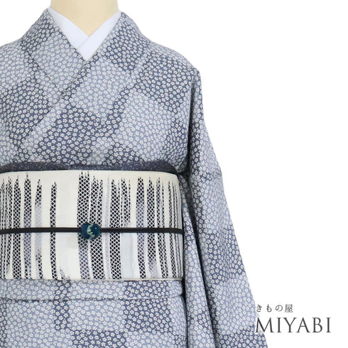 小紋 リサイクル 身丈163cm 裄66.8cm 袷 石畳に小花柄 ブルー Lサイズ お洒落 カジュアル 正絹 広衿 Sランク