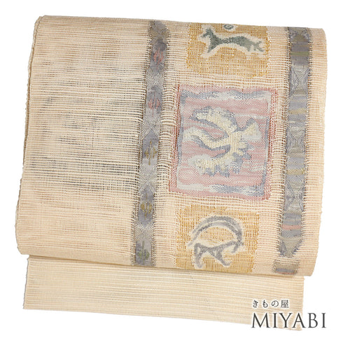 名古屋帯 リサイクル 帯丈370cm ポイント柄 夏物 手織織物 ベージュ Mサイズ 正絹 新品・未使用品 お洒落 カジュアル