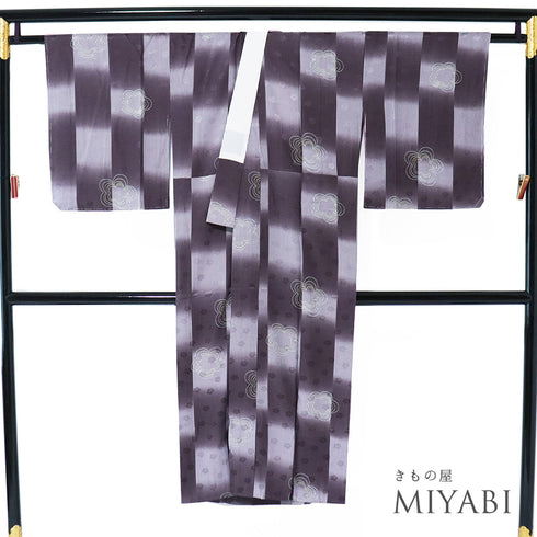 長襦袢 リサイクル 長襦袢 身丈130.3cm 裄69.2cm 袷 梅柄 縞柄 地紋 後見頃居敷当て付き パープル LLサイズ お洒落 カジュアル 正絹 袖無双 Sランク