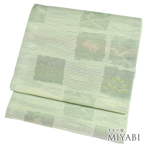 京袋帯 リサイクル 帯丈382cm 六通 夏物 幾何学模様 花柄 グリーン Lサイズ 不明 Sランク お洒落