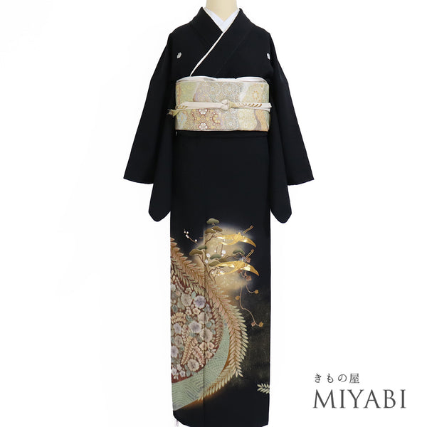 黒留袖 リサイクル 身丈166cm 裄65.8cm 袷 辻ヶ花に松や鶴柄 部分絞り 金駒刺繍 ブラック LLサイズ フォーマル 落款 五つ紋 正絹 広衿 Sランク