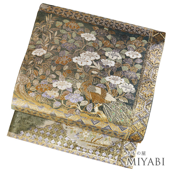 袋帯 リサイクル 帯丈432cm 六通 鳥や椿柄 ゴールド Sサイズ 正絹 新品・未使用品 フォーマル セミフォーマル