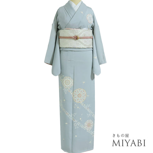 付下げ リサイクル 身丈170cm 裄66.8cm 袷 華紋柄 刺繍 箔 ブルー LLサイズ お洒落 正絹 広衿 Sランク