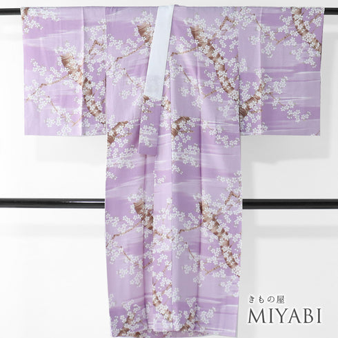 長襦袢 リサイクル 身丈122cm 裄63.6cm 袷 桜の木柄 後見頃居敷当て付き パープル Sサイズ お洒落 カジュアル 正絹 Sランク